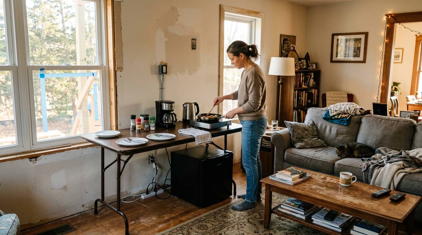 Family using a temporary living space during a home gut renovation